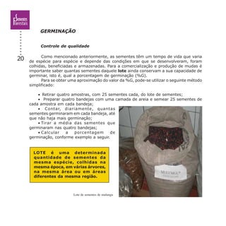 20
GERMINAÇÃO
Controle de qualidade
Como mencionado anteriormente, as sementes têm um tempo de vida que varia
de espécie para espécie e depende das condições em que se desenvolveram, foram
colhidas, beneficiadas e armazenadas. Para a comercialização e produção de mudas é
importante saber quantas sementes daquele lote ainda conservam a sua capacidade de
germinar, isto é, qual a porcentagem de germinação (%G).
Para se obter uma aproximação do valor da %G, pode-se utilizar o seguinte método
simplificado:
• Retirar quatro amostras, com 25 sementes cada, do lote de sementes;
• Preparar quatro bandejas com uma camada de areia e semear 25 sementes de
cada amostra em cada bandeja;
• Contar, diariamente, quantas
sementes germinaram em cada bandeja, até
que não haja mais germinação;
• Tirar a média das sementes que
germinaram nas quatro bandejas;
• Calcular a porcentagem de
germinação, conforme exemplo a seguir.
Lote de sementes de mulungu
LOTE é uma determinada
quantidade de sementes da
mesma espécie, colhidas na
mesma época, em várias árvores,
na mesma área ou em áreas
diferentes da mesma região.
 