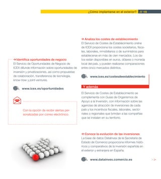 ¿Cómo implantarse en el exterior?        // 15




                                                      Analiza los costes de establecimiento
                                                   El Servicio de Costes de Establecimiento online
                                                   de ICEX proporciona los costes societarios, fisca-
                                                   les, laborales, inmobiliarios o de suministros para
                                                   establecerse en más de cien mercados. Los da-
   Identifica oportunidades de negocio             tos están disponibles en euros, dólares o moneda
El Servicio de Oportunidades de Negocio de         local del país, y pueden realizarse comparaciones
ICEX difunde información sobre oportunidades de    entre cinco mercados distintos.
inversión y privatizaciones, así como propuestas
de colaboración, transferencia de tecnología,             www.icex.es/costesdeestablecimiento
know-how y joint-ventures.

                                                    Y además
      www.icex.es/oportunidades
                                                   El Servicio de Costes de Establecimiento se
                                                   complementa con Guías de Organismos de
                                                   Apoyo a la Inversión, con información sobre las
                                                   agencias de atracción de inversiones de cada
       Con la opción de recibir alertas per-       país y los incentivos fiscales, laborales, secto-
       sonalizadas por correo electrónico.         riales o regionales que brindan a las compañías
                                                   que se instalan en su territorio.




                                                      Conoce la evolución de las inversiones
                                                   La base de datos DataInvex de la Secretaría de
                                                   Estado de Comercio proporciona informes histó-
                                                   ricos y comparativos de la inversión española en
                                                   el exterior y extranjera en España.


                                                          www.datainvex.comercio.es                      >>
 