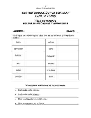 3
                          sábado, 21 de abril de 2012

            CENTRO EDUCATIVO “LA SEMILLA”
                    CUARTO GRADO

                    HOJA DE TRABAJO
             PALABRAS SINÓNIMAS Y ANTÓNIMAS


ALUMNO: ____________________________CLAVE:__

Investigue un sinónimo para cada una de las palabras y complete el
cuadro.

   bulla                                   calma


 conversar                                  corto


  brincar
                                          holgazán



    feliz                                  escaso


   beber                                  miedoso


  ocultar                                    huir



              Subraye los sinónimos de las oraciones.

     José nada en la piscina.

     José nada en la alberca.

     Ellos se disgustaron en la fiesta.

     Ellos se enojaron en la fiesta.
 