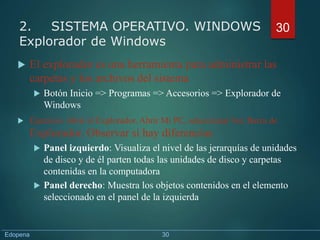  El explorador es una herramienta para administrar las
carpetas y los archivos del sistema
 Botón Inicio => Programas => Accesorios => Explorador de
Windows
 Ejercicio: Abrir el Explorador. Abrir Mi PC, seleccionar Ver, Barra de
Explorador. Observar si hay diferencias
 Panel izquierdo: Visualiza el nivel de las jerarquías de unidades
de disco y de él parten todas las unidades de disco y carpetas
contenidas en la computadora
 Panel derecho: Muestra los objetos contenidos en el elemento
seleccionado en el panel de la izquierda
30
2. SISTEMA OPERATIVO. WINDOWS
Explorador de Windows
Edopena 30
 