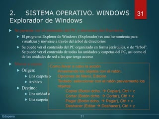  Se permite ver el contenido del PC y elementos del Escritorio.
 El programa Explorer de Windows (Explorador) es una herramienta para
visualizar y moverse a través del árbol de directorios
 Se puede ver el contenido del PC organizado en forma jerárquica, o de “árbol”.
Se puede ver el contenido de todas las unidades y carpetas del PC, así como el
de las unidades de red a las que tenga acceso
 Mover o copiar
 Origen:
 Una carpeta o
 Archivo
 Destino:
 Una unidad o
 Una carpeta
31
Como llevar a cabo la acción
Arrastrando los objetos con el ratón.
Opciones de Menú, Edición
Teclado: seleccionar con el ratón previamente los
objetos
Copiar (Botón dcho.  Copiar), Ctrl + c
Cortar (Botón dcho.  Cortar), Ctrl + x
Pegar (Botón dcho.  Pegar), Ctrl + v
Deshacer (Editar  Deshacer), Ctrl + z
2. SISTEMA OPERATIVO. WINDOWS
Explorador de Windows
Edopena 31
 