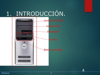 1. INTRODUCCIÓN.
ESTRUCTURA
4
Unidad CD-ROM
Unidad DVD
Botón encendido
Disquetera
Puertos
Edopena 4
 