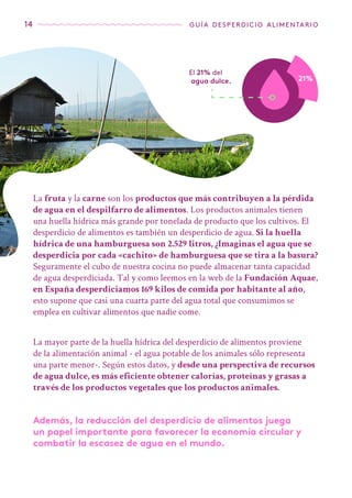 14 guía desperdicio alimentario
La fruta y la carne son los productos que más contribuyen a la pérdida
de agua en el despilfarro de alimentos. Los productos animales tienen
una huella hídrica más grande por tonelada de producto que los cultivos. El
desperdicio de alimentos es también un desperdicio de agua. Si la huella
hídrica de una hamburguesa son 2.529 litros, ¿Imaginas el agua que se
desperdicia por cada «cachito» de hamburguesa que se tira a la basura?
Seguramente el cubo de nuestra cocina no puede almacenar tanta capacidad
de agua desperdiciada. Tal y como leemos en la web de la Fundación Aquae,
en España desperdiciamos 169 kilos de comida por habitante al año,
esto supone que casi una cuarta parte del agua total que consumimos se
emplea en cultivar alimentos que nadie come.
El 21% del
agua dulce.
La mayor parte de la huella hídrica del desperdicio de alimentos proviene
de la alimentación animal - el agua potable de los animales sólo representa
una parte menor-. Según estos datos, y desde una perspectiva de recursos
de agua dulce, es más eficiente obtener calorías, proteínas y grasas a
través de los productos vegetales que los productos animales.
Además, la reducción del desperdicio de alimentos juega
un papel importante para favorecer la economía circular y
combatir la escasez de agua en el mundo.
 