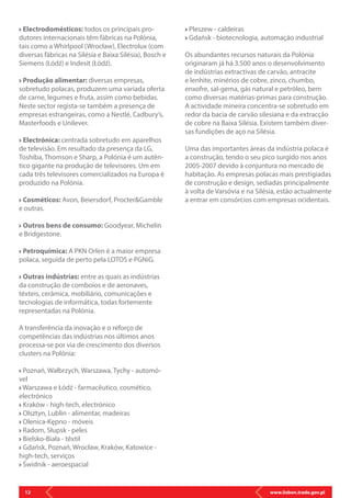 www.lisbon.trade.gov.pl12
Electrodomésticos: todos os principais pro-
dutores internacionais têm fábricas na Polónia,
tais como a Whirlpool (Wrocław), Electrolux (com
diversas fábricas na Silésia e Baixa Silésia), Bosch e
Siemens (Łódź) e Indesit (Łódź).
Produção alimentar: diversas empresas,
sobretudo polacas, produzem uma variada oferta
de carne, legumes e fruta, assim como bebidas.
Neste sector regista-se também a presença de
empresas estrangeiras, como a Nestlé, Cadbury’s,
Masterfoods e Unilever.
Electrónica: centrada sobretudo em aparelhos
de televisão. Em resultado da presença da LG,
Toshiba, Thomson e Sharp, a Polónia é um autên-
tico gigante na produção de televisores. Um em
cada três televisores comercializados na Europa é
produzido na Polónia.
Cosméticos: Avon, Beiersdorf, Procter&Gamble
e outras.
Outros bens de consumo: Goodyear, Michelin
e Bridgestone.
Petroquímica: A PKN Orlen é a maior empresa
polaca, seguida de perto pela LOTOS e PGNiG.
Outras indústrias: entre as quais as indústrias
da construção de comboios e de aeronaves,
têxteis, cerâmica, mobiliário, comunicações e
tecnologias de informática, todas fortemente
representadas na Polónia.
A transferência da inovação e o reforço de
competências das indústrias nos últimos anos
processa-se por via de crescimento dos diversos
clusters na Polónia:
Poznań, Wałbrzych, Warszawa, Tychy - automó-
vel
Warszawa e Łódź - farmacêutico, cosmético,
electrónico
Kraków - high-tech, electrónico
Olsztyn, Lublin - alimentar, madeiras
Olenica-Kępno - móveis
Radom, Słupsk - peles
Bielsko-Biała - têxtil
Gdańsk, Poznań, Wrocław, Kraków, Katowice -
high-tech, serviços
Świdnik - aeroespacial
Pleszew - caldeiras
Gdańsk - biotecnologia, automação industrial
Os abundantes recursos naturais da Polónia
originaram já há 3.500 anos o desenvolvimento
de indústrias extractivas de carvão, antracite
e lenhite, minérios de cobre, zinco, chumbo,
enxofre, sal-gema, gás natural e petróleo, bem
como diversas matérias-primas para construção.
A actividade mineira concentra-se sobretudo em
redor da bacia de carvão silesiana e da extracção
de cobre na Baixa Silésia. Existem também diver-
sas fundições de aço na Silésia.
Uma das importantes áreas da indústria polaca é
a construção, tendo o seu pico surgido nos anos
2005-2007 devido à conjuntura no mercado de
habitação. As empresas polacas mais prestigiadas
de construção e design, sediadas principalmente
à volta de Varsóvia e na Silésia, estão actualmente
a entrar em consórcios com empresas ocidentais.
 
