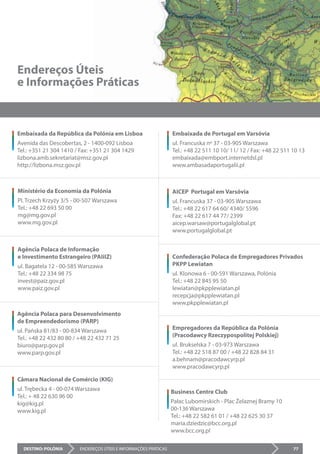 DESTINO: POLÓNIA ENDEREÇOS ÚTEIS E INFORMAÇÕES PRÁTICAS 77
Endereços Úteis
e Informações Práticas
Embaixada da República da Polónia em Lisboa
Avenida das Descobertas, 2 - 1400-092 Lisboa
Tel.: +351 21 304 1410 / Fax: +351 21 304 1429
lizbona.amb.sekretariat@msz.gov.pl
http://lizbona.msz.gov.pl
Embaixada de Portugal em Varsóvia
ul. Francuska nº 37 - 03-905 Warszawa
Tel.: +48 22 511 10 10/ 11/ 12 / Fax: +48 22 511 10 13
embaixada@embport.internetdsl.pl
www.ambasadaportugalii.pl
Ministério da Economia da Polónia
Pl. Trzech Krzyży 3/5 - 00-507 Warszawa
Tel.: +48 22 693 50 00
mg@mg.gov.pl
www.mg.gov.pl
Agência Polaca para Desenvolvimento
de Empreendedorismo (PARP)
ul. Pańska 81/83 - 00-834 Warszawa
Tel.: +48 22 432 80 80 / +48 22 432 71 25
biuro@parp.gov.pl
www.parp.gov.pl
Câmara Nacional de Comércio (KIG)
ul. Trębecka 4 - 00-074 Warszawa
Tel.: + 48 22 630 96 00
kig@kig.pl
www.kig.pl
Empregadores da República da Polónia
(Pracodawcy Rzeczypospolitej Polskiej)
ul. Brukselska 7 - 03-973 Warszawa
Tel.: +48 22 518 87 00 / +48 22 828 84 31
a.behnam@pracodawcyrp.pl
www.pracodawcyrp.pl
AICEP Portugal em Varsóvia
ul. Francuska 37 - 03-905 Warszawa
Tel.: +48 22 617 64 60/ 4340/ 5596
Fax: +48 22 617 44 77/ 2399
aicep.warsaw@portugalglobal.pt
www.portugalglobal.pt
Agência Polaca de Informação
e Investimento Estrangeiro (PAIiIZ)
ul. Bagatela 12 - 00-585 Warszawa
Tel.: +48 22 334 98 75
invest@paiz.gov.pl
www.paiz.gov.pl
Confederação Polaca de Empregadores Privados
PKPP Lewiatan
ul. Klonowa 6 - 00-591 Warszawa, Polónia
Tel.: +48 22 845 95 50
lewiatan@pkpplewiatan.pl
recepcja@pkpplewiatan.pl
www.pkpplewiatan.pl
Business Centre Club
Pałac Lubomirskich - Plac Żelaznej Bramy 10
00-136 Warszawa
Tel.: +48 22 582 61 01 / +48 22 625 30 37
maria.dziedzic@bcc.org.pl
www.bcc.org.pl
 