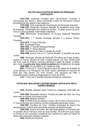 SALTOS QUALITATIVOS NO MODO DE PRODUÇÃO
                           CAPITALISTA

          1415-1746. Expansão européia pelo mercantilismo. Invasões e
colonizações dos novos e velhos continentes a partir do escravismo colonial
principalmente dos negros e dos indígenas
          1775-1848. Inicio e período de concretização da Revolução Industrial
          1789-1792. Revolução Francesa. Abolição do feudalismo como modo
de produção. Proclamação dos direitos do homem. O poder emana do povo.
Cria-se o lema igualdade, fraternidade e liberdade
          1848. Movimentos revolucionários na Europa. Segunda República
Francesa
          1870-1873. 1 ª Grande Recessão Mundial e a Guerra Franco-
Prussiana
          1914-1918. 1 ª Guerra Mundial
          1917. Revolução Russa
          1929-1932. 2 ª Grande Recessão Mundial
          1939-1945. 2 ª Guerra Mundial
          1945. Conferência de Yalta e a divisão do mundo
          1949-1990. Guerra Fria ou 3 ª Guerra Mundial. O equilíbrio do terror
nuclear
          1968. Revolução Mundial da Desilusão (Primavera de Praga, quebra-
quebra na França, ofensiva do Tete e reação popular nos EUA, revolta racial
nos EUA, crise da Polônia, marchas estudantis e golpe de estado no Brasil,
etc.). Inicio da guerra dos ricos contra os pobres pelo metabolismo do capital
          1989-1990. Fim da URSS e do Tratado de Yalta
          2001- ? Início da 4 ª Guerra Mundial a partir do ataque da Al-qaeda às
torres gêmeas e ao Pentágono nos EUA. Guerra declarada em discurso de
Bush que mais parece, em nível mundial, uma caricatura de Hitler e
preparativos para invasão do Afeganistão em nome da OTAN
          2009- ? Início da 3ª Grande Recessão Mundial do capitalismo


   FATOS QUE ABALARAM O SISTEMA MUNDO CAPITALISTA PÓS 2ª
                    GUERRA MUNDIAL

         1945. Bombas atômicas sobre Hiroshima e Nagasaki ordenadas por
Truman
        1945-1948. Revolução Chinesa. Tomada do poder por Mao Tse Tung
como líder do Partido Comunista Chinês
        1948-1949. Bloqueio de Berlin
        1949. A URSS torna-se potência nuclear. Dá-se inicio a Guerra Fria ou
3 ª Guerra Mundial com inúmeros conflitos localizados sob tensão nuclear
        1949-1991. Equilíbrio do Terror. Conflitos localizados da Guerra Fria
principalmente na África pelo conturbado processo de descolonização
        1950-1953. Guerra da Coréia. Até hoje existe apenas um armistício sito
no paralelo 38 em Pamujon entre as duas Coréias. Os EUA com suas tropas
na Coréia do Sul encontram resistência sem controle por parte da Coréia do
Norte, hoje, possuindo artefatos nucleares
        1954. Partilha da Indochina


                                                                             55
 