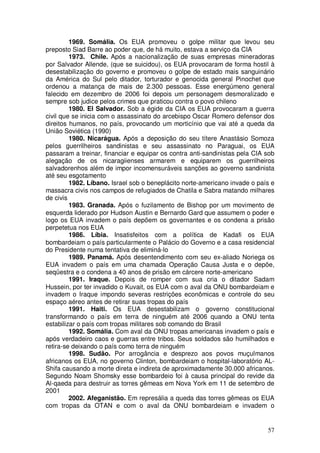 1969. Somália. Os EUA promoveu o golpe militar que levou seu
preposto Siad Barre ao poder que, de há muito, estava a serviço da CIA
         1973. Chile. Após a nacionalização de suas empresas mineradoras
por Salvador Allende, (que se suicidou), os EUA provocaram de forma hostil à
desestabilização do governo e promoveu o golpe de estado mais sanguinário
da América do Sul pelo ditador, torturador e genocida general Pinochet que
ordenou a matança de mais de 2.300 pessoas. Esse energúmeno general
falecido em dezembro de 2006 foi depois um personagem desmoralizado e
sempre sob judice pelos crimes que praticou contra o povo chileno
         1980. El Salvador. Sob a égide da CIA os EUA provocaram a guerra
civil que se inicia com o assassinato do arcebispo Oscar Romero defensor dos
direitos humanos, no país, provocando um morticínio que vai até a queda da
União Soviética (1990)
         1980. Nicarágua. Após a deposição do seu títere Anastásio Somoza
pelos guerrilheiros sandinistas e seu assassinato no Paraguai, os EUA
passaram a treinar, financiar e equipar os contra anti-sandinistas pela CIA sob
alegação de os nicaragiienses armarem e equiparem os guerrilheiros
salvadorenhos além de impor incomensuráveis sanções ao governo sandinista
até seu esgotamento
         1982. Líbano. Israel sob o beneplácito norte-americano invade o país e
massacra civis nos campos de refugiados de Chatila e Sabra matando milhares
de civis
         1983. Granada. Após o fuzilamento de Bishop por um movimento de
esquerda liderado por Hudson Austin e Bernardo Gard que assumem o poder e
logo os EUA invadem o país depõem os governantes e os condena a prisão
perpetetua nos EUA
         1986. Líbia. Insatisfeitos com a política de Kadafi os EUA
bombardeiam o país particularmente o Palácio do Governo e a casa residencial
do Presidente numa tentativa de eliminá-lo
         1989. Panamá. Após desentendimento com seu ex-aliado Noriega os
EUA invadem o país em uma chamada Operação Causa Justa e o depõe,
seqüestra e o condena a 40 anos de prisão em cárcere norte-americano
         1991. Iraque. Depois de romper com sua cria o ditador Sadam
Hussein, por ter invadido o Kuvait, os EUA com o aval da ONU bombardeiam e
invadem o Iraque impondo severas restrições econômicas e controle do seu
espaço aéreo antes de retirar suas tropas do país
         1991. Haiti. Os EUA desestabilizam o governo constitucional
transformando o país em terra de ninguém até 2006 quando a ONU tenta
estabilizar o país com tropas militares sob comando do Brasil
         1992. Somália. Com aval da ONU tropas americanas invadem o país e
após verdadeiro caos e guerras entre tribos. Seus soldados são humilhados e
retira-se deixando o país como terra de ninguém
         1998. Sudão. Por arrogância e desprezo aos povos muçulmanos
africanos os EUA, no governo Clinton, bombardeiam o hospital-laboratório AL-
Shifa causando a morte direta e indireta de aproximadamente 30.000 africanos.
Segundo Noam Shomsky esse bombardeio foi à causa principal do revide da
Al-qaeda para destruir as torres gêmeas em Nova York em 11 de setembro de
2001
         2002. Afeganistão. Em represália a queda das torres gêmeas os EUA
com tropas da OTAN e com o aval da ONU bombardeiam e invadem o


                                                                            57
 