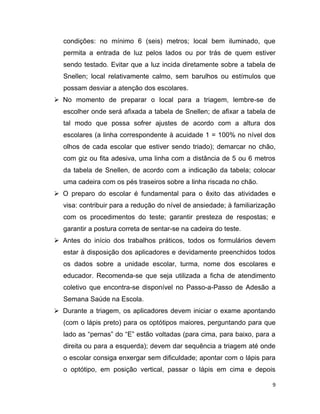 9
condições: no mínimo 6 (seis) metros; local bem iluminado, que
permita a entrada de luz pelos lados ou por trás de quem estiver
sendo testado. Evitar que a luz incida diretamente sobre a tabela de
Snellen; local relativamente calmo, sem barulhos ou estímulos que
possam desviar a atenção dos escolares.
 No momento de preparar o local para a triagem, lembre-se de
escolher onde será afixada a tabela de Snellen; de afixar a tabela de
tal modo que possa sofrer ajustes de acordo com a altura dos
escolares (a linha correspondente à acuidade 1 = 100% no nível dos
olhos de cada escolar que estiver sendo triado); demarcar no chão,
com giz ou fita adesiva, uma linha com a distância de 5 ou 6 metros
da tabela de Snellen, de acordo com a indicação da tabela; colocar
uma cadeira com os pés traseiros sobre a linha riscada no chão.
 O preparo do escolar é fundamental para o êxito das atividades e
visa: contribuir para a redução do nível de ansiedade; à familiarização
com os procedimentos do teste; garantir presteza de respostas; e
garantir a postura correta de sentar-se na cadeira do teste.
 Antes do início dos trabalhos práticos, todos os formulários devem
estar à disposição dos aplicadores e devidamente preenchidos todos
os dados sobre a unidade escolar, turma, nome dos escolares e
educador. Recomenda-se que seja utilizada a ficha de atendimento
coletivo que encontra-se disponível no Passo-a-Passo de Adesão a
Semana Saúde na Escola.
 Durante a triagem, os aplicadores devem iniciar o exame apontando
(com o lápis preto) para os optótipos maiores, perguntando para que
lado as “pernas” do “E” estão voltadas (para cima, para baixo, para a
direita ou para a esquerda); devem dar sequência a triagem até onde
o escolar consiga enxergar sem dificuldade; apontar com o lápis para
o optótipo, em posição vertical, passar o lápis em cima e depois
 