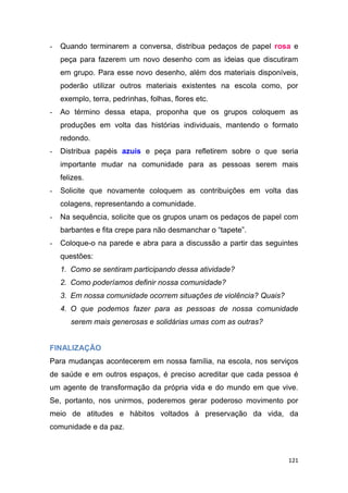 121
- Quando terminarem a conversa, distribua pedaços de papel rosa e
peça para fazerem um novo desenho com as ideias que discutiram
em grupo. Para esse novo desenho, além dos materiais disponíveis,
poderão utilizar outros materiais existentes na escola como, por
exemplo, terra, pedrinhas, folhas, flores etc.
- Ao término dessa etapa, proponha que os grupos coloquem as
produções em volta das histórias individuais, mantendo o formato
redondo.
- Distribua papéis azuis e peça para refletirem sobre o que seria
importante mudar na comunidade para as pessoas serem mais
felizes.
- Solicite que novamente coloquem as contribuições em volta das
colagens, representando a comunidade.
- Na sequência, solicite que os grupos unam os pedaços de papel com
barbantes e fita crepe para não desmanchar o “tapete”.
- Coloque-o na parede e abra para a discussão a partir das seguintes
questões:
1. Como se sentiram participando dessa atividade?
2. Como poderíamos definir nossa comunidade?
3. Em nossa comunidade ocorrem situações de violência? Quais?
4. O que podemos fazer para as pessoas de nossa comunidade
serem mais generosas e solidárias umas com as outras?
FINALIZAÇÃO
Para mudanças acontecerem em nossa família, na escola, nos serviços
de saúde e em outros espaços, é preciso acreditar que cada pessoa é
um agente de transformação da própria vida e do mundo em que vive.
Se, portanto, nos unirmos, poderemos gerar poderoso movimento por
meio de atitudes e hábitos voltados à preservação da vida, da
comunidade e da paz.
 