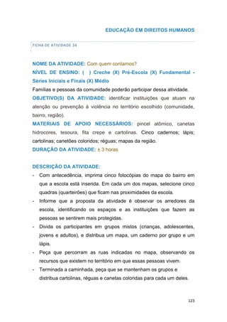123
EDUCAÇÃO EM DIREITOS HUMANOS
FICHA DE ATIVIDADE 34
NOME DA ATIVIDADE: Com quem contamos?
NÍVEL DE ENSINO: ( ) Creche (X) Pré-Escola (X) Fundamental -
Séries Iniciais e Finais (X) Médio
Famílias e pessoas da comunidade poderão participar dessa atividade.
OBJETIVO(S) DA ATIVIDADE: identificar instituições que atuam na
atenção ou prevenção à violência no território escolhido (comunidade,
bairro, região).
MATERIAIS DE APOIO NECESSÁRIOS: pincel atômico, canetas
hidrocores, tesoura, fita crepe e cartolinas. Cinco cadernos; lápis;
cartolinas; canetões coloridos; réguas; mapas da região.
DURAÇÃO DA ATIVIDADE: ± 3 horas
DESCRIÇÃO DA ATIVIDADE:
- Com antecedência, imprima cinco fotocópias do mapa do bairro em
que a escola está inserida. Em cada um dos mapas, selecione cinco
quadras (quarteirões) que ficam nas proximidades da escola.
- Informe que a proposta da atividade é observar os arredores da
escola, identificando os espaços e as instituições que fazem as
pessoas se sentirem mais protegidas.
- Divida os participantes em grupos mistos (crianças, adolescentes,
jovens e adultos), e distribua um mapa, um caderno por grupo e um
lápis.
- Peça que percorram as ruas indicadas no mapa, observando os
recursos que existem no território em que essas pessoas vivem.
- Terminada a caminhada, peça que se mantenham os grupos e
distribua cartolinas, réguas e canetas coloridas para cada um deles.
 