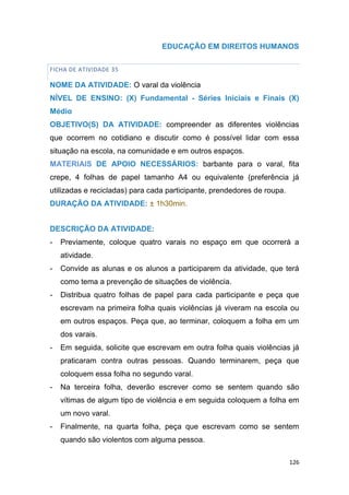 126
EDUCAÇÃO EM DIREITOS HUMANOS
FICHA DE ATIVIDADE 35
NOME DA ATIVIDADE: O varal da violência
NÍVEL DE ENSINO: (X) Fundamental - Séries Iniciais e Finais (X)
Médio
OBJETIVO(S) DA ATIVIDADE: compreender as diferentes violências
que ocorrem no cotidiano e discutir como é possível lidar com essa
situação na escola, na comunidade e em outros espaços.
MATERIAIS DE APOIO NECESSÁRIOS: barbante para o varal, fita
crepe, 4 folhas de papel tamanho A4 ou equivalente (preferência já
utilizadas e recicladas) para cada participante, prendedores de roupa.
DURAÇÃO DA ATIVIDADE: ± 1h30min.
DESCRIÇÃO DA ATIVIDADE:
- Previamente, coloque quatro varais no espaço em que ocorrerá a
atividade.
- Convide as alunas e os alunos a participarem da atividade, que terá
como tema a prevenção de situações de violência.
- Distribua quatro folhas de papel para cada participante e peça que
escrevam na primeira folha quais violências já viveram na escola ou
em outros espaços. Peça que, ao terminar, coloquem a folha em um
dos varais.
- Em seguida, solicite que escrevam em outra folha quais violências já
praticaram contra outras pessoas. Quando terminarem, peça que
coloquem essa folha no segundo varal.
- Na terceira folha, deverão escrever como se sentem quando são
vítimas de algum tipo de violência e em seguida coloquem a folha em
um novo varal.
- Finalmente, na quarta folha, peça que escrevam como se sentem
quando são violentos com alguma pessoa.
 