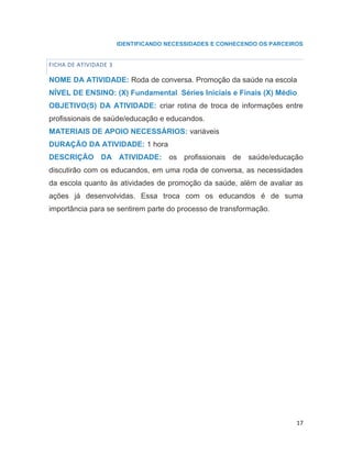 17
IDENTIFICANDO NECESSIDADES E CONHECENDO OS PARCEIROS
FICHA DE ATIVIDADE 3
NOME DA ATIVIDADE: Roda de conversa. Promoção da saúde na escola
NÍVEL DE ENSINO: (X) Fundamental Séries Iniciais e Finais (X) Médio
OBJETIVO(S) DA ATIVIDADE: criar rotina de troca de informações entre
profissionais de saúde/educação e educandos.
MATERIAIS DE APOIO NECESSÁRIOS: variáveis
DURAÇÃO DA ATIVIDADE: 1 hora
DESCRIÇÃO DA ATIVIDADE: os profissionais de saúde/educação
discutirão com os educandos, em uma roda de conversa, as necessidades
da escola quanto às atividades de promoção da saúde, além de avaliar as
ações já desenvolvidas. Essa troca com os educandos é de suma
importância para se sentirem parte do processo de transformação.
14
 