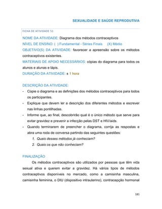 181
SEXUALIDADE E SAÚDE REPRODUTIVA
FICHA DE ATIVIDADE 51
NOME DA ATIVIDADE: Diagrama dos métodos contraceptivos
NÍVEL DE ENSINO: ( ) Fundamental - Séries Finais (X) Médio
OBJETIVO(S) DA ATIVIDADE: favorecer a apreensão sobre os métodos
contraceptivos existentes.
MATERIAIS DE APOIO NECESSÁRIOS: cópias do diagrama para todos os
alunos e alunas e lápis.
DURAÇÃO DA ATIVIDADE: ± 1 hora
DESCRIÇÃO DA ATIVIDADE:
- Copie o diagrama e as definições dos métodos contraceptivos para todos
os participantes.
- Explique que devem ler a descrição dos diferentes métodos e escrever
nas linhas pontilhadas.
- Informe que, ao final, descobrirão qual é o único método que serve para
evitar gravidez e prevenir a infecção pelas DST e HIV/aids.
- Quando terminarem de preencher o diagrama, corrija as respostas e
abra uma roda de conversa partindo das seguintes questões:
1. Quais desses métodos já conheciam?
2. Quais os que não conheciam?
FINALIZAÇÃO
Os métodos contraceptivos são utilizados por pessoas que têm vida
sexual ativa e querem evitar a gravidez. Há vários tipos de métodos
contraceptivos disponíveis no mercado, como a camisinha masculina,
camisinha feminina, o DIU (dispositivo intrauterino), contracepção hormonal
 