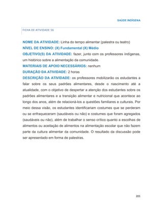 201
SAÚDE INDÍGENA
FICHA DE ATIVIDADE 56
NOME DA ATIVIDADE: Linha do tempo alimentar (palestra ou teatro)
NÍVEL DE ENSINO: (X) Fundamental (X) Médio
OBJETIVO(S) DA ATIVIDADE: fazer, junto com os professores indígenas,
um histórico sobre a alimentação da comunidade.
MATERIAIS DE APOIO NECESSÁRIOS: nenhum
DURAÇÃO DA ATIVIDADE: 2 horas
DESCRIÇÃO DA ATIVIDADE: os professores mobilizarão os estudantes a
falar sobre os seus padrões alimentares, desde o nascimento até a
atualidade, com o objetivo de despertar a atenção dos estudantes sobre os
padrões alimentares e a transição alimentar e nutricional que acontece ao
longo dos anos, além de relacioná-los a questões familiares e culturais. Por
meio dessa visão, os estudantes identificariam costumes que se perderam
ou se enfraqueceram (saudáveis ou não) e costumes que foram agregados
(saudáveis ou não), além de trabalhar o senso crítico quanto a escolhas de
alimentos ou aceitação de alimentos na alimentação escolar que não fazem
parte da cultura alimentar da comunidade. O resultado da discussão pode
ser apresentado em forma de palestras.
65
 