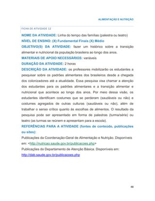 48
ALIMENTAÇÃO E NUTRIÇÃO
FICHA DE ATIVIDADE 12
NOME DA ATIVIDADE: Linha do tempo das famílias (palestra ou teatro)
NÍVEL DE ENSINO: (X) Fundamental Finais (X) Médio
OBJETIVO(S) DA ATIVIDADE: fazer um histórico sobre a transição
alimentar e nutricional da população brasileira ao longo dos anos.
MATERIAIS DE APOIO NECESSÁRIOS: variáveis
DURAÇÃO DA ATIVIDADE: 2 horas
DESCRIÇÃO DA ATIVIDADE: os professores mobilizarão os estudantes a
pesquisar sobre os padrões alimentares dos brasileiros desde a chegada
dos colonizadores até a atualidade. Essa pesquisa visa chamar a atenção
dos estudantes para os padrões alimentares e a transição alimentar e
nutricional que acontece ao longo dos anos. Por meio dessa visão, os
estudantes identificam costumes que se perderam (saudáveis ou não) e
costumes agregados de outras culturas (saudáveis ou não), além de
trabalhar o senso crítico quanto às escolhas de alimentos. O resultado da
pesquisa pode ser apresentado em forma de palestras (turma/série) ou
teatro (as turmas se reúnem e apresentam para a escola).
REFERÊNCIAS PARA A ATIVIDADE (fontes de conteúdo, publicações
ou sites):
Publicações da Coordenação-Geral de Alimentação e Nutrição. Disponíveis
em: <http://nutricao.saude.gov.br/publicacoes.php>
Publicações do Departamento de Atenção Básica. Disponíveis em:
http://dab.saude.gov.br/publicacoes.php
 