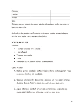 63
Almoço
Lanche
Jantar
Ceia
Debater com os estudantes se os hábitos alimentares estão corretos e o
que precisa mudar.
Ao final da discussão o professor ou professora propõe aos estudantes
montar uma horta, como no exemplo abaixo.
HORTINHA DE PET.
Material:
 1 tampa caixa de ovos (dúzia)
 1 garrafa pet
 Tesoura sem ponta
 Terra
 Sementes ou mudas de hortelã ou manjericão
Como montar:
1. Deite a garrafa plástica e corte um retângulo na parte superior. Faça
pequenos furinhos em sua base.
2. Coloque a terra dentro da garrafa e coloque um vaso sobre a tampa
da caixa de ovo. Assim a caixa absorverá a água que corre.
3. Agora é hora de plantar! Enterre as sementinhas ou plante sua
muda, cobrindo bem as raízes ou sementes com terra.
 
