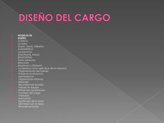 DISEÑO DEL CARGOMODELOS DEDISEÑOCLÁSICOLa tarea(Taylor, Gantt, Gilbreth)HUMANÍSTICOLas personas(Hawthorne, Mayo)SITUACIONALTarea, personas,Estructura(Hackman y Oldham) La persona como apéndice de la máquina Fragmentación del trabajo Énfasis en la eficiencia permanencia Organización informal liderazgo Recompensas sociales Trabajo en equipo Énfasis den las personas Contexto del cargo Variedad Autonomía Significado de la tarea Identidad con la tarea Retroalimentación