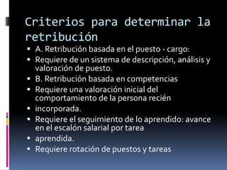 Criterios para determinar la retribuciónA. Retribución basada en el puesto - cargo:Requiere de un sistema de descripción, análisis y valoración de puesto.B. Retribución basada en competenciasRequiere una valoración inicial del comportamiento de la persona reciénincorporada.Requiere el seguimiento de lo aprendido: avance en el escalón salarial por tareaaprendida.Requiere rotación de puestos y tareas