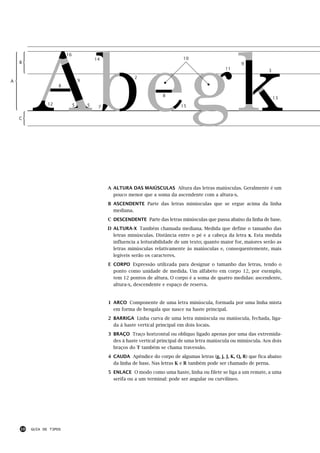 16
                                          14                                    10
    B                                                                                                     9
                                                                                                   11                  3
                                                           2
A                                 9
                     8

                                                                       8
                                                                                                                           13
                12            5       5                                        15
                                           7

    C




                                               A ALTURA DAS MAIÚSCULAS Altura das letras maiúsculas. Geralmente é um
                                                 pouco menor que a soma da ascendente com a altura-x.
                                               B ASCENDENTE Parte das letras minúsculas que se ergue acima da linha
                                                 mediana.
                                               C DESCENDENTE Parte das letras minúsculas que passa abaixo da linha de base.
                                               D ALTURA-X Também chamada mediana. Medida que define o tamanho das
                                                 letras minúsculas. Distância entre o pé e a cabeça da letra x. Esta medida
                                                 influencia a leiturabilidade de um texto; quanto maior for, maiores serão as
                                                 letras minúsculas relativamente às maiúsculas e, consequentemente, mais
                                                 legíveis serão os caracteres.
                                               E CORPO Expressão utilizada para designar o tamanho das letras, tendo o
                                                 ponto como unidade de medida. Um alfabeto em corpo 12, por exemplo,
                                                 tem 12 pontos de altura. O corpo é a soma de quatro medidas: ascendente,
                                                 altura-x, descendente e espaço de reserva.


                                               1 ARCO Componente de uma letra minúscula, formada por uma linha mista
                                                 em forma de bengala que nasce na haste principal.
                                               2 BARRIGA Linha curva de uma letra minúscula ou maiúscula, fechada, liga-
                                                 da à haste vertical principal em dois locais.
                                               3 BRAÇO Traço horizontal ou oblíquo ligado apenas por uma das extremida-
                                                 des à haste vertical principal de uma letra maiúscula ou minúscula. Aos dois
                                                 braços do T também se chama travessão.
                                               4 CAUDA Apêndice do corpo de algumas letras (g, j, J, K, Q, R) que fica abaixo
                                                 da linha de base. Nas letras K e R também pode ser chamado de perna.
                                               5 ENLACE O modo como uma haste, linha ou filete se liga a um remate, a uma
                                                 serifa ou a um terminal: pode ser angular ou curvilíneo.




    10   GUIA DE TIPOS
 