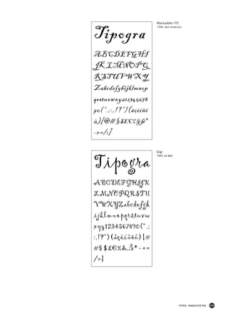 Blackadder ITC



Tipogra
                      1996: Bob Anderton




ABCDEFGHI
JKLMNOPQ
RSTUVWXY
Zabcdefghijklmnop
qrstuvwxyz12345678
90{“.;:,!?”}(åçèíñö
û)[@#§$£€%&ß*
-+=/>]



Tipogra
                      Gigi
                      1995: Jill Bell




ABCDEFGHIJK
LMNOPQRSTU
VWXYZabcdefgh
ijklmnopqrstuvw
xyz1234567890{“.;
:,!?”}(åçèíñöû)[@
#§$£€%&ß*-+=
/>]




                                        TIPOS MANUSCRITOS   103
 