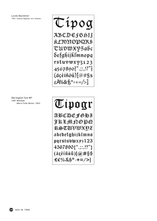 Tipog
 Lucida Blackletter
 1992: Charles Bigelow, Kris Holmes




                                      ABCDEFGHIJ
                                      KLMNOPQRS
                                      TUVWXYZabc
                                      defghijklmnopq
                                      rstuvwxyz123
                                      4567890{“.;:,!?”}
                                      (åçèíñöû)[@#§$
                                      £€%&ß*-+=/>]

 Old English Text MT



                                      Tipogr
 1990: Monotype
       (Morris Fuller Benton, 1904)




                                      ABCDEFGHI
                                      JKLMNOPQ
                                      RSTUVWXYZ
                                      abcdefghijklmno
                                      pqrstuvwxyz123
                                      4567890{“.;:,!?”}
                                      (åçèíñöû)[@#§$
                                      £€%&ß*-+=/>]




106   GUIA DE TIPOS
 