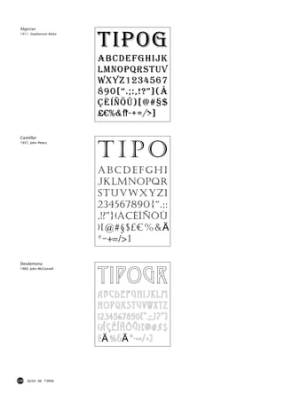 Algerian



                          Tipog
 1911: Stephenson Blake




                          ABCDEFgHiJK
                          LMNopQRSTUV
                          WXYZ1234567
                          890{“.;:,!?”}(å
                          çèíñöû)[@#§$
                          £€%&ß*-+=/>]

 Castellar



                          Tipo
 1957: John Peters




                          ABCDEFGHi
                          JKLMNopQR
                          STUVWXYZ1
                          234567890{“.;:
                          ,!?”}(åçèíñöû
                          )[@#§$£€%&€
                          *-+=/>]

 Desdemona



                          Tipogr
 1960: John McConnell




                          ABCDEFGHIJKLM
                          NOPQRSTUVWXYZ
                          1234567890{“.;:,!?”}
                          (åçèíñöû)[@#§$
                          £€%&€*-+=/>]



110   GUIA DE TIPOS
 