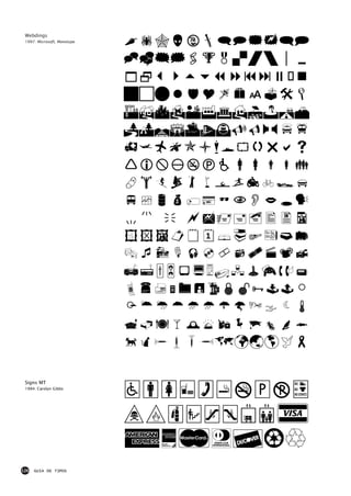 Webdings
 1997: Microsoft, Monotype
                             !"#$%&'()*+,
                             -./01234/|8
                             9:;<=>?@ABCDE
                             FGHIJKLMNOPQ
                             RSTUVWXYZ[]
                             ^_`abcdefghij
                             klmnopqrstuvw
                             xyz{|}~•€•‚ƒ
                             „…†‡ˆ‰Š‹Œ•Ž•
                             •‘’“”•–—˜™š›
                             œ•žŸ ¡¢£¤¥¦§
                             ¨©ª«¬-®¯°±²³
                             ´µ¶·¸¹º»¼½¾¿
                             ÀÁÂÃÄÅÆÇÈÉÊËÌÍ
                             ÎÏÐÑÒÓÔÕÖ×ØÙÚ
                             ÛÜÝÞßàáâãäåæ
                             çèéêëìíîïðñò
                             óôõö÷øùúûüýþ


                             bsdfgpouia
 Signs MT
 1994: Carolyn Gibbs




                             hjkvlzmne
                             wqytrcx
126   GUIA DE TIPOS
 