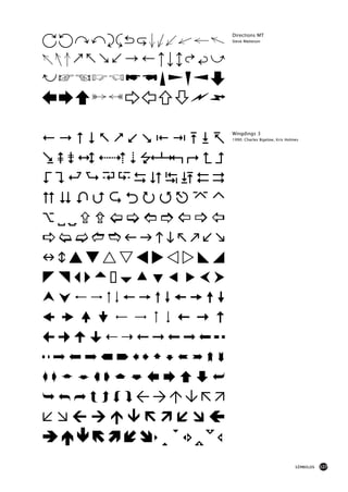 Directions MT
ABCDEFGHIJKLMN     Steve Matteson




OPQRSTUVWXYZabc
defghijklmno
pqrstuvwxyz

!"#$%&'()*+,-
                   Wingdings 3
                   1990: Charles Bigelow, Kris Holmes




./0123456789:;<=
>?@ABCDEFGHI
JKLMNOPQRS⌃
⌥VWX⇪Z[]^_`
abcdefghijklm
nopqrstuvwxy
z{|}~•€•‚ƒ„…†
‡ˆ‰Š‹Œ•Ž••‘’“”
•–—˜™š›œ•žŸ
  ¡¢£¤¥¦§¨©ª«¬
-®¯°±²³´µ¶·¸¹º»
¼½¾¿ÀÁÂÃÄÅÆÇÈ
É↖ËÌÍÎÏÐÑÒÓÔÕ
Ö×ØÙÚÛÜÝÞßà
áâãäåæçèéêëìíîï
                                                   SÍMBOLOS   127
 
