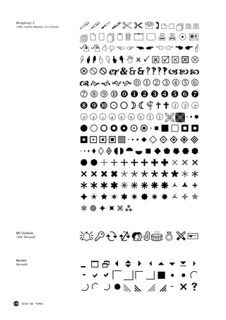 !"#$%&℡()*+,-
 Wingdings 2
 1990: Charles Bigelow, Kris Holmes




                                      ./0123456789
                                      :;<=>?@ABCDEF
                                      GHIJKLMNOPQRSTU
                                      VWXYZ[]^_`abc
                                      defgh0123456
                                      789stuvwxyz{
                                      |}~☼€•‚ƒ„…†‡ˆ
                                      ‰Š‹Œ•Ž••‘’“”•–
                                      —˜™š›œ•žŸ ¡¢£
                                      ¤¥¦§¨©ª«¬-®¯°±
                                      ²³´µ¶·¸¹º»¼½¾¿ÀÁ
                                      ÂÃÄÅÆÇÈÉÊËÌÍ
                                      ÎÏÐÑÒÓÔÕÖ×ØÙ
                                      ÚÛÜÝÞßàáâãäå
                                      æçèéêëìíîïðñ
                                      òóôõö÷

 MS Outlook
 1996: Microsoft
                                      !"#$%&'()*

 Marlett
 Microsoft
                                      0123v4w5678
                                      9abcdefghij
                                      klmnxyopqrs
130   GUIA DE TIPOS
 