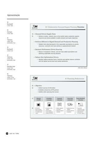 Apresentação



 Rockwell
 corpo 19pt
                                                  Collaborative Demand/Supply Planning: Priorities


 Georgia
 corpo 18pt
                      • Demand Driven Supply Chain
                          – Achieve a holistic, network view on the market needs, production capacity
                                 resources and stocks available to satisfy demand and supply objectives
 Tahoma
 corpo 14pt           • Perform Efficient & Aligned Demand and Production Planning
 entrelinha 21pt
                          – Reliable chain planning based on the responsible assumptions on growth,
                                 resources, constraints and stock policies in supply/demand network

 Rockwell             • Business Performance Driven Sourcing
 corpo 21pt
                          – Based on transparent criterias, cost and value added assumptions and
                                 satisfying sustainable sourcing decisions


 Tahoma               • Balance Key Optimization Drivers
 corpo 14pt
 entrelinha 24pt
                          – Maintain stable production level in factories and optimal resource utilization
                                 with the highest service level and market satisfaction



 Georgia bold
 corpo 13pt                                                                                                     50% 240×180mm
 entrelinha 18pt




 Tahoma
 corpo 10,5pt
 entrelinha 15pt                                                                          Planning References


                      • Objective
                              – Uniform sources of information
                              – Available & shared by all PM partners
                              – Visibility within planning time horizon




                             Market            Portfolio             Capacity             Sourcing           Semi-finished
                             Profile           Calendar              Calendar             Calendar             Calendar



                                                      $

                       •   MTS/MTO           • products in the     • factory capacity   • product/sourcing   • Sourced &
                       •   fiscal marking      market                by format            relation             Unsourced codes
                       •   order placement   • new projects        • planned capacity   • actual & planned   • Planned changes
                       •   In-market stock   • event packaging       evolution          • regulators         • Requirements
                           policy            • product life time                                               for other regions




160   GUIA DE TIPOS
 