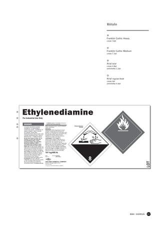 Rótulo



                                                                                                                   Franklin Gothic Heavy
                                                                                                                   corpo 32pt




                                                                                                                   Franklin Gothic Medium
                                                                                                                   corpo 7,5pt




                                                                                                                   Arial bold
                                                                                                                   corpo 4,8pt
                                                                                                                   entrelinha 5,2pt




                                                                                                                   Arial regular/bold
                                                                                                                   corpo 4pt
                                                                                                                   entrelinha 4,4pt




Ethylenediamine
For Industrial Use Only

                                                ill effects occur, immediately remove to
 DANGER                                         fresh air and call a physician.
                                             Before using this product, read the Material    Ethylenediamine
 CAUSES SEVERE BURNS •                       Safety Data Sheet.                                      UN1604
 HARMFUL IF ABSORBED                         DISPOSAL
 THROUGH SKIN • HARMFUL IF                   CONTENTS: When disposing of unused
 SWALLOWED • MAY CAUSE                       contents, comply with the provisions of
 ALLERGIC SKIN AND                           Subtitle C of the Resource Conservation and
 RESPIRATORY REACTION CAN                    Recovery Act. Dispose of in accordance with
                                             all applicable federal, state and local
 CAUSE RESPIRATORY TRACT                     regulations. Consult The Dow Chemical
 IRRITATION • COMBUSTIBLE                    Company for further information.
 Do Not Get In Eyes, On Skin, Or On          CONTAINER: Unless empty as
 Clothing • Do Not Take Internally •         defined under Subtitle C of the Resource
 Avoid Breathing Vapor • Keep                Conservation and Recovery Act, 40 CFR
 Container Closed • Use Only With            Section 261, this container must be
 Adequate Ventilation • Wash                 disposed of in accordance with all applicable
 Thoroughly After Handling • Keep            federal, state and local regulations. Consult
 Away From Heat And Open Flame               The Dow Chemical Company for further
 FIRST AID: In case of eye contact, it is    information. DO NOT REUSE CONTAINER.
 imperative to immediately flush eyes with   Crush and dispose of empty container in an
 plenty of water for at least 30 minutes.    approved landfill, or by other procedures
 Immediately call a physician. In case of    approved by state and local authorities.
 skin contact, immediately flush skin with
 plenty of water for at least 15 minutes     181 kg/400 lb
 while removing contaminated clothing
 and shoes. Call a physician. Wash
                                             G893             4231932-XX/XX/XX
 clothing before reuse. Destroy              30421-L2                 (POS. ONLY)
 contaminated shoes and leather goods.
 If swallowed, DO NOT INDUCE
 VOMITING. Give large amounts of water,
 or milk if available. Call a physician.                *                                                      8
                                                                                                                                                           LOT


 Never give anything by mouth to an          THE DOW CHEMICAL COMPANY
 unconscious person. If inhaled and any      Midland, Michigan 48674 U.S.A.
                                             1-800-258-CHEM
                                             * Trademark of THE DOW CHEMICAL COMPANY




                                                                                                                                           BONS EXEMPLOS   167
 