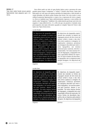REGRA 17                                  Este efeito pode ser não só uma ilusão óptica, pois a presença de uma
Tipo claro sobre fundo escuro parece   grande massa negra “comprime” e “reduz” o branco das letras, como tam-
ligeiramente mais pequeno que o in-    bém pode ser real, pois em muitos métodos de impressão a tinta invade as
verso.                                 zonas deixadas em aberto pelas formas das letras. Por esta razão é acon-
                                       selhável aumentar ligeiramente o corpo e/ou a espessura do texto a negati-
                                       vo. Deve-se também usar Tipos suficientemente espessos e sem serifas, de
                                       modo a não “intupirem.” Também é do conhecimento geral que um texto em
                                       negativo é mais difícil de ler, 15 a 40%, do que em positivo. Contudo estas
                                       preocupações são mais relevantes quando se compõe Tipos de Texto e não
                                       tanto nos Tipos Extra-texto.

                                       Lucida Bright

                                        Os objectivos da tipografia experi-     Os objectivos da tipografia experi-
                                        mental são estender os limites da       mental são estender os limites da
                                        linguagem através do livre teste da     linguagem através do livre teste da
                                        sintaxe verbal e visual, e das rela-    sintaxe verbal e visual, e das rela-
                                        ções entre a palavra e a imagem. As     ções entre a palavra e a imagem. As
                                        explorações sintáxicas permitem         explorações sintáxicas permitem
                                        aos designers descobrir por entre o     aos designers descobrir por entre o
                                        meio tipográfico, um enorme             meio tipográfico, um enorme
                                        potencial para construir, divertir e    potencial para construir, divertir e
                                        surpreender. Tal como noutras for-      surpreender. Tal como noutras for-
                                        mas de linguagem, a tipografia tem      mas de linguagem, a tipografia tem
                                        uma capacidade infinita de expres-      uma capacidade infinita de expres-
                                        são. Os únicos limites da descober-     são. Os únicos limites da descober-
                                        ta tipográfica são os impostos pelo     ta tipográfica são os impostos pelo
                                        próprio designer. Os objectivos da      próprio designer. Os objectivos da

                                       negativo                                 positivo


                                       Lucida Sans

                                        Os objectivos da tipografia experi-     Os objectivos da tipografia experi-
                                        mental são estender os limites da       mental são estender os limites da
                                        linguagem através do livre teste da     linguagem através do livre teste da
                                        sintaxe verbal e visual, e das rela-    sintaxe verbal e visual, e das rela-
                                        ções entre a palavra e a imagem. As     ções entre a palavra e a imagem. As
                                        explorações sintáxicas permitem         explorações sintáxicas permitem
                                        aos designers descobrir por entre o     aos designers descobrir por entre o
                                        meio tipográfico, um enorme poten-      meio tipográfico, um enorme poten-
                                        cial para construir, divertir e sur-    cial para construir, divertir e sur-
                                        preender. Tal como noutras formas       preender. Tal como noutras formas
                                        de linguagem, a tipografia tem uma      de linguagem, a tipografia tem uma
                                        capacidade infinita de expressão. Os    capacidade infinita de expressão. Os
                                        únicos limites da descoberta tipo-      únicos limites da descoberta tipo-
                                        gráfica são os impostos pelo próprio    gráfica são os impostos pelo próprio
                                        designer. Os objectivos da tipografia   designer. Os objectivos da tipografia

                                       negativo                                 positivo




30   GUIA DE TIPOS
 