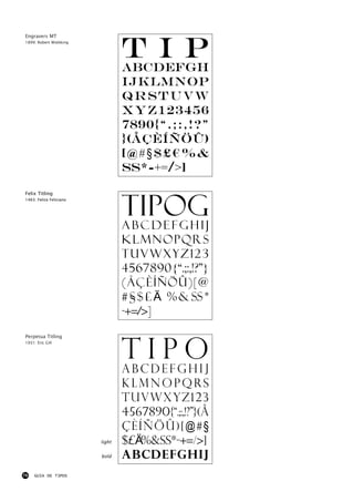 T ip
Engravers MT
1899: Robert Wiebking




                                 ABCDEFGH
                                 IJKLMNOP
                                 QRSTUVW
                                 XYZ123456
                                 7890{“.;:,!?”
                                 }(åçèíñöû)
                                 [@#§$£€%&
                                 ß*-+=/>]


                                 TipogJ
Felix Titling
1463: Felice Feliciano




                                 ABCDEFGHI
                                 KLMNOPQRS
                                 TUVWXYZ123
                                 4567890{“.;:,!?”}
                                 (åçèíñöû)[@
                                 #§$£€%&ß*
                                 -+=/>]
Perpetua Titling



                                 TCiD EpGoJ
1931: Eric Gill




                                 AB    F HI
                                 KLMNOPQRS
                                 TUVWXYZ123
                                 4567890{“.;:,!?”}(å
                                 çèíñöû)[@#§
                         light   $£€%&ß*-+=/>]
                         bold    ABCDEFGHIJ
76   GUIA DE TIPOS
 