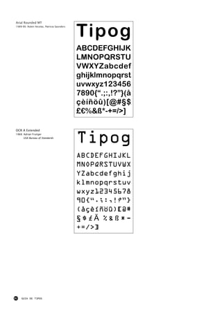 Tipog
Arial Rounded MT
1989-90: Robin Nicolas, Patricia Saunders




                                            ABCDEFGHIJK
                                            LMNOPQRSTU
                                            VWXYZabcdef
                                            ghijklmnopqrst
                                            uvwxyz123456
                                            7890{“.;:,!?”}(å
                                            çèíñöû)[@#§$
                                            £€%&ß*-+=/>]


                                            Tipog
OCR A Extended
1968: Adrian Frutiger
      USA Bureau of Standards




                                            ABCDEFGHIJKL
                                            MNOPQRSTUVWX
                                            YZabcdefghij
                                            klmnopqrstuv
                                            wxyz12345678
                                            90{“.;:,!?”}
                                            (åçèíñöû)[@#
                                            §$£€%&ß*-
                                            +=/>]




82   GUIA DE TIPOS
 