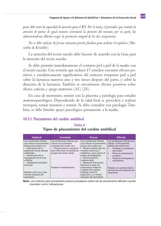 Programa de Apoyo a la Reforma de Salud/PARS • Ministerio de la Protección Social 443 
parto debe tener la capacidad de atención para el RN. Por lo tanto, el prestador que contrate la 
atención de partos de igual manera contratará la atención del neonato; por su parte, las 
administradoras deberán exigir la prestación integral de los dos componentes. 
No se debe realizar de forma rutinaria presión fúndica para acelerar el expulsivo (Ma-niobra 
de Kristeller). 
La atención del recién nacido debe hacerse de acuerdo con la Guía para 
la atención del recién nacido. 
Se debe permitir inmediatamente el contacto piel a piel de la madre con 
el recién nacido. Una revisión que incluyó 17 estudios encontró efectos po-sitivos 
y estadísticamente significativos del contacto temprano piel a piel 
sobre la lactancia materna uno y tres meses después del parto, y sobre la 
duración de la lactancia. También se encontraron efectos positivos sobre 
afecto, caricias y apego maternos (A1) (25). 
En caso de mortinato, remitir con la placenta a patología para estudio 
anatomopatológico. Dependiendo de la edad fetal se procederá a realizar 
necropsia, tomar muestras y remitir. Se debe consultar con patología. Tam-bién, 
se debe brindar apoyo psicológico permanente a la madre. 
10.3.1 Pinzamiento del cordón umbilical 
Tabla 6 
Tipos de pinzamiento del cordón umbilical 
Nota: Los criterios para pinzamiento precoz prevalecen sobre los de pinzamiento diferido cuando 
coexisten como indicaciones. 
 