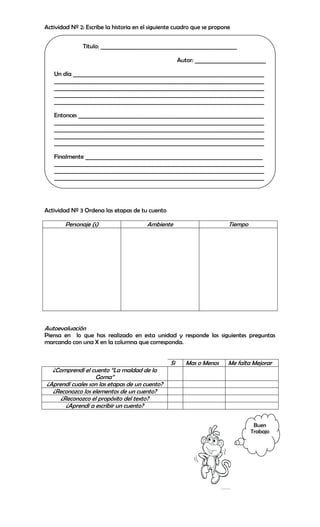 Actividad Nº 2: Escribe la historia en el siguiente cuadro que se propone


               Titulo: __________________________________________________

                                                      Autor: __________________________

   Un día ______________________________________________________________________
   _____________________________________________________________________________
   _____________________________________________________________________________
   _____________________________________________________________________________
   _____________________________________________________________________________

   Entonces ____________________________________________________________________
   _____________________________________________________________________________
   _____________________________________________________________________________
   _____________________________________________________________________________
   _____________________________________________________________________________

   Finalmente _________________________________________________________________
   _____________________________________________________________________________
   _____________________________________________________________________________
   _____________________________________________________________________________




Actividad Nº 3 Ordena las etapas de tu cuento

        Personaje (s)                   Ambiente                         Tiempo




Autoevaluación
Piensa en lo que has realizado en esta unidad y responde las siguientes preguntas
marcando con una X en la columna que corresponda.


                                                 Si      Mas o Menos    Me falta Mejorar
  ¿Comprendí el cuento “La maldad de la
                  Goma”
¿Aprendí cuales son las etapas de un cuento?
  ¿Reconozco los elementos de un cuento?
     ¿Reconozco el propósito del texto?
       ¿Aprendí a escribir un cuento?

                                                                                   Buen
                                                                                  Trabajo
 