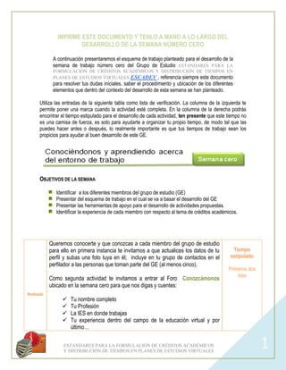 ESTANDARES PARA LA FORMULACIÓN DE CRÉDITOS ACADÉMICOS
Y DISTRIBUCIÓN DE TIEMPOS EN PLANES DE ESTUDIOS VIRTUALES
1
IMPRIME ESTE DOCUMENTO Y TENLO A MANO A LO LARGO DEL
DESARROLLO DE LA SEMANA NÚMERO CERO
A continuación presentaremos el esquema de trabajo planteado para el desarrollo de la
semana de trabajo número cero del Grupo de Estudio ESTANDARES PARA LA
FORMULACIÓN DE CRÉDITOS ACADÉMICOS Y DISTRIBUCIÓN DE TIEMPOS EN
PLANES DE ESTUDIOS VIRTUALES ESCADEV , referencia siempre este documento
para resolver tus dudas iníciales, saber el procedimiento y ubicación de los diferentes
elementos que dentro del contexto del desarrollo de esta semana se han planteado.
Utiliza las entradas de la siguiente tabla como lista de verificación. La columna de la izquierda te
permite poner una marca cuando la actividad esté completa. En la columna de la derecha podrás
encontrar el tiempo estipulado para el desarrollo de cada actividad, ten presente que este tiempo no
es una camisa de fuerza, es solo para ayudarte a organizar tu propio tiempo, de modo tal que las
puedes hacer antes o después, lo realmente importante es que tus tiempos de trabajo sean los
propicios para ayudar al buen desarrollo de este GE.
OBJETIVOS DE LA SEMANA
Identificar a los diferentes miembros del grupo de estudio (GE)
Presentar del esquema de trabajo en el cual se va a basar el desarrollo del GE
Presentar las herramientas de apoyo para el desarrollo de actividades propuestas.
Identificar la experiencia de cada miembro con respecto al tema de créditos académicos.
Realizado
Queremos conocerte y que conozcas a cada miembro del grupo de estudio
para ello en primera instancia te invitamos a que actualices los datos de tu
perfil y subas una foto tuya en él; incluye en tu grupo de contactos en el
perfilador a las personas que toman parte del GE (al menos cinco).
Como segunda actividad te invitamos a entrar al Foro Conozcámonos
ubicado en la semana cero para que nos digas y cuentes:
 Tu nombre completo
 Tu Profesión
 La IES en donde trabajas
 Tu experiencia dentro del campo de la educación virtual y por
último…
Tiempo
estipulado
Primeros dos
días
1
 