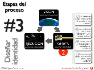 Etapas del
  proceso                                      VISION

                                                                            5
                                        declarar identidad




   #3
                                                                               ¿Qué atributos
                                                                            incluir en la oferta
                                                                             para cuidar a mis
                                                                                       clientes?



                                                                            6
                                                                            ¿De qué prácticas
                                                                                   me puedo
                                                                               apropiar? ¿Qué
                                                                              rarezas cultivar?
 identidad


                          Ejecución
                                                                            7
  Diseñar



                                                                            ¿Veo oportunidad
                          EJECUCION                       OFERTA               de articular o
                          encarnar identidad            diseñar identidad        reconﬁgurar
                                                                                    prácticas?

                                                               2
                                                                            8  ¿Cómo puedo
                                                                            poner a prueba la
                                                                                  oferta para
                                                                                    validarla?


©2009 Juan Carlos Lucas                                        e-nnovaconsulting.com
 