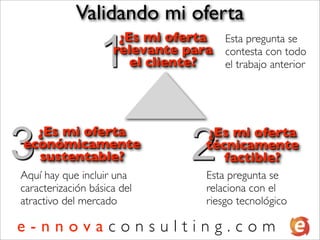 Validando mi oferta

                  1
                      ¿Es mi oferta Esta pregunta se
                     relevante para contesta con todo
                        el cliente? el trabajo anterior




3                                 2
  ¿Es mi oferta                      ¿Es mi oferta
económicamente                       técnicamente
  sustentable?                          factible?
Aquí hay que incluir una             Esta pregunta se
caracterización básica del           relaciona con el
atractivo del mercado                riesgo tecnológico

e-nnovaconsulting.com
 