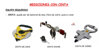 MEDICIONES CON CINTA
EQUIPO REQUERIDO
- CINTA: puede ser de material de lona, fibra de vidrio, acero o invar
CINTA INVAR
CINTA DE LONA CINTA DE ACERO
 