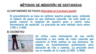 MÉTODOS DE MEDICIÓN DE DISTANCIAS
B) ODÓMETRO
A) CARTABONEO DE PASOS (Abordado en la primera sesión)
El procedimiento se basa en calibrar nuestro propio paso, midiendo
el número de pasos en una distancia conocida. De este modo se
puede conocer la longitud de nuestro paso y usarlo como
herramienta de medición. La precisión de este método varia entre
1/50 a 1/200.
Se utiliza como instrumento de una varilla
conectada a una rueda de radio conocido que
convierte el N°de vueltas en una distancia. Se
emplea en levantamientos preliminares para
ubicación de vías y caminos. La precisión varia
con el tamaño de la rueda (1/200 –1/400)
 