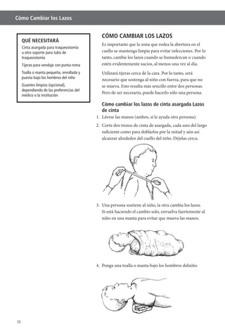 38
Cómo Cambiar los Lazos
CÓMO CAMBIAR LOS LAZOS
cuello se mantenga limpia para evitar infecciones. Por lo
tanto, cambie los lazos cuando se humedezcan o cuando
estén evidentemente sucios, al menos una vez al día.
Utilizará tijeras cerca de la cara. Por lo tanto, será
necesario que sostenga al niño con fuerza, para que no
Pero de ser necesario, puede hacerlo sólo una persona.
Cómo cambiar los lazos de cinta asargada Lazos
de cinta
1. Lávese las manos (ambos, si le ayuda otra persona).
2. Corte dos trozos de cinta de asargada, cada uno del largo
suficiente como para doblarlos por la mitad y aún así
alcanzar alrededor del cuello del niño. Déjelas cerca.
3. Una persona sostiene al niño, la otra cambia los lazos.
Si está haciendo el cambio solo, envuelva fuertemente al
niño en una manta para evitar que mueva las manos.
4. Ponga una toalla o manta bajo los hombros delniño.
QUÉ NECESITARÁ
Cinta asargada para traqueostomía
u otro soporte para tubo de
traqueostomía
Tijeras para vendaje con punta roma
Toalla o manta pequeña, enrollada y
puesta bajo los hombros del niño
Guantes limpios (opcional),
dependiendo de las preferencias del
médico o la institución
 