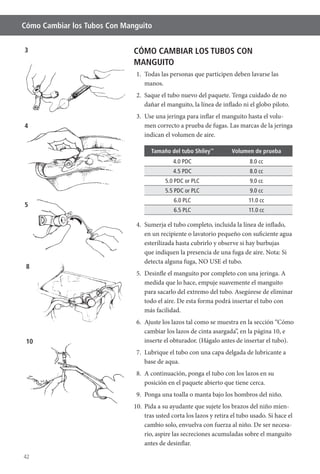42
Cómo Cambiar los Tubos Con Manguito
CÓMO CAMBIAR LOS TUBOS CON
MANGUITO
1. Todas las personas que participen deben lavarse las
manos.
2. Saque el tubo nuevo del paquete. Tenga cuidado de no
dañar el manguito, la línea de inflado ni el globo piloto.
3. Use una jeringa para inflar el manguito hasta el volu-
men correcto a prueba de fugas. Las marcas de la jeringa
indican el volumen de aire.
Tamaño del tubo Shiley™
Volumen de prueba
4.0 PDC 8.0 cc
4.5 PDC 8.0 cc
5.0 PDC or PLC 9.0 cc
5.5 PDC or PLC 9.0 cc
6.0 PLC 11.0 cc
6.5 PLC 11.0 cc
4. Sumerja el tubo completo, incluida la línea de inflado,
en un recipiente o lavatorio pequeño con suficiente agua
esterilizada hasta cubrirlo y observe si hay burbujas
que indiquen la presencia de una fuga de aire. Nota: Si
5. Desinfle el manguito por completo con una jeringa. A
medida que lo hace, empuje suavemente el manguito
para sacarlo del extremo del tubo. Asegúrese de eliminar
todo el aire. De esta forma podrá insertar el tubo con
más facilidad.
6. Ajuste los lazos tal como se muestra en la sección “Cómo
cambiar los lazos de cinta asargada”, en la página 10, e
inserte el obturador. (Hágalo antes de insertar el tubo).
7. Lubrique el tubo con una capa delgada de lubricante a
base de aqua.
8. A continuación, ponga el tubo con los lazos en su
posición en el paquete abierto que tiene cerca.
9. Ponga una toalla o manta bajo los hombros del niño.
10. Pida a su ayudante que sujete los brazos del niño mien-
tras usted corta los lazos y retira el tubo usado. Si hace el
cambio solo, envuelva con fuerza al niño. De ser necesa-
rio, aspire las secreciones acumuladas sobre el manguito
antes de desinflar.
5
4
3
8
10
 