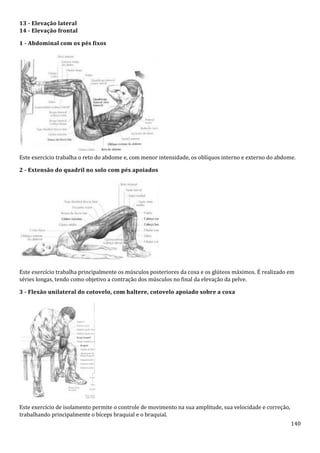 140
13 - Elevação lateral
14 - Elevação frontal
1 - Abdominal com os pés fixos
Este exercício trabalha o reto do abdome e, com menor intensidade, os oblíquos interno e externo do abdome.
2 - Extensão do quadril no solo com pés apoiados
Este exercício trabalha principalmente os músculos posteriores da coxa e os glúteos máximos. É realizado em
séries longas, tendo como objetivo a contração dos músculos no final da elevação da pelve.
3 - Flexão unilateral do cotovelo, com haltere, cotovelo apoiado sobre a coxa
Este exercício de isolamento permite o controle de movimento na sua amplitude, sua velocidade e correção,
trabalhando principalmente o bíceps braquial e o braquial.
 