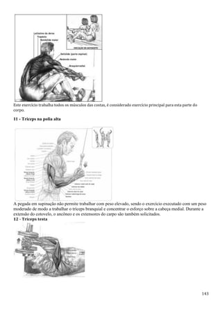143
Este exercício trabalha todos os músculos das costas, é considerado exercício principal para esta parte do
corpo.
11 - Tríceps na polia alta
A pegada em supinação não permite trabalhar com peso elevado, sendo o exercício executado com um peso
moderado de modo a trabalhar o tríceps branquial e concentrar o esforço sobre a cabeça medial. Durante a
extensão do cotovelo, o ancôneo e os extensores do carpo são também solicitados.
12 - Tríceps testa
 