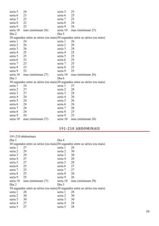 28
seria 5 24 seria 5 25
seria 6 23 seria 6 25
seria 7 23 seria 7 25
seria 8 22 seria 8 24
seria 9 22 seria 9 24
seria 10 max (minimum 26) seria 10 max (minimum 27)
Dia 2
30 segundos entre as séries (ou mais)
Dia 5
30 segundos entre as séries (ou mais)
seria 1 24 seria 1 26
seria 2 26 seria 2 28
seria 3 26 seria 3 28
seria 4 25 seria 4 25
seria 5 25 seria 5 25
seria 6 23 seria 6 25
seria 7 23 seria 7 25
seria 8 23 seria 8 25
seria 9 23 seria 9 25
seria 10 max (minimum 27) seria 10 max (minimum 26)
Dia 3
30 segundos entre as séries (ou mais)
Dia 6
30 segundos entre as séries (ou mais)
seria 1 24 seria 1 27
seria 2 27 seria 2 28
seria 3 27 seria 3 28
seria 4 24 seria 4 26
seria 5 24 seria 5 26
seria 6 24 seria 6 26
seria 7 24 seria 7 26
seria 8 24 seria 8 25
seria 9 24 seria 9 25
seria 10 max (minimum 27) seria 10 max (minimum 26)
191-210 ABDOMINAIS
191-210 abdominais
Dia 1
30 segundos entre as séries (ou mais)
Dia 4
30 segundos entre as séries (ou mais)
seria 1 27 seria 1 28
seria 2 29 seria 2 30
seria 3 29 seria 3 30
seria 4 27 seria 4 28
seria 5 27 seria 5 28
seria 6 25 seria 6 27
seria 7 25 seria 7 27
seria 8 25 seria 8 26
seria 9 25 seria 9 26
seria 10 max (minimum 27) seria 10 max (minimum 29)
Dia 2
30 segundos entre as séries (ou mais)
Dia 5
30 segundos entre as séries (ou mais)
seria 1 28 seria 1 28
seria 2 30 seria 2 30
seria 3 30 seria 3 30
seria 4 27 seria 4 28
seria 5 27 seria 5 28
 
