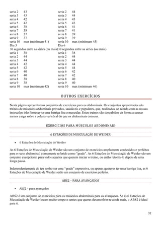 32
seria 2 43 seria 2 44
seria 3 43 seria 3 44
seria 4 42 seria 4 43
seria 5 42 seria 5 43
seria 6 38 seria 6 41
seria 7 38 seria 7 41
seria 8 37 seria 8 39
seria 9 37 seria 9 39
seria 10 max (minimum 41) seria 10 max (minimum 45)
Dia 3
30 segundos entre as séries (ou mais)
Dia 6
30 segundos entre as séries (ou mais)
seria 1 38 seria 1 38
seria 2 44 seria 2 44
seria 3 44 seria 3 44
seria 4 42 seria 4 44
seria 5 42 seria 5 44
seria 6 40 seria 6 42
seria 7 40 seria 7 42
seria 8 38 seria 8 40
seria 9 38 seria 9 40
seria 10 max (minimum 42) seria 10 max (minimum 46)
OUTROS EXERCÍCIOS
Nesta página apresentamos conjuntos de exercícios para os abdominais. Os conjuntos apresentados são
treinos de músculos abdominais provados, saudáveis e populares, que, realizados de acordo com as nossas
instruções irão fornecer-te uma barriga lisa e muscular. Estes treinos são concebidos de forma a causar
menos carga sobre a coluna vertebral do que os abdominais comuns.
EXERCÍCIOS PARA MÚSCULOS ABDOMINAIS
6 ESTAÇÕES DE MUSCULAÇÃO DE WEIDER
 6 Estações de Musculação de Weider
As 6 Estações de Musculação de Weider são um conjunto de exercícios amplamente conhecidos e perfeitos
para o recto abdominal, comumente referido como "grade". As 6 Estações de Musculação de Weider são um
conjunto excepcional para todos aqueles que querem iniciar o treino, ou então retomá-lo depois de uma
longa pausa.
Independentemente do teu sonho ser uma “grade” expressiva, ou apenas quereres ter uma barriga lisa, as 6
Estações de Musculação de Weider serão um conjunto de exerícios perfeito.
ABS2 – PARA AVANÇADOS
 ABS2 – para avançados
ABS2 é um conjunto de exercícios para os músculos abdominais para os avançados. Se as 6 Estações de
Musculação de Weider levam muito tempo e sentes que queres desenvolver-te ainda mais, o ABS2 é ideal
para ti.
 