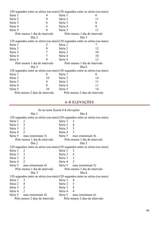 46
120 segundos entre as séries (ou mais)120 segundos entre as séries (ou mais)
Série 1 4 Série 1 6
Série 2 9 Série 2 11
Série 3 6 Série 3 8
Série 4 6 Série 4 8
Série 5 9 Série 5 11
Pelo menos 1 dia de intervalo Pelo menos 1 dia de intervalo
Dia 2
120 segundos entre as séries (ou mais)
Dia 5
120 segundos entre as séries (ou mais)
Série 1 5 Série 1 7
Série 2 9 Série 2 12
Série 3 7 Série 3 10
Série 4 7 Série 4 10
Série 5 9 Série 5 12
Pelo menos 1 dia de intervalo Pelo menos 1 dia de intervalo
Dia 3
120 segundos entre as séries (ou mais)
Dia 6
120 segundos entre as séries (ou mais)
Série 1 6 Série 1 8
Série 2 10 Série 2 14
Série 3 8 Série 3 11
Série 4 8 Série 4 11
Série 5 10 Série 5 14
Pelo menos 2 dias de intervalo Pelo menos 2 dias de intervalo
6-8 ELEVAÇÕES
Se no teste fizeste 6-8 elevações
Dia 1
120 segundos entre as séries (ou mais)
Dia 4
120 segundos entre as séries (ou mais)
Série 1 2 Série 1 3
Série 2 3 Série 2 4
Série 3 2 Série 3 3
Série 4 2 Série 4 3
Série 5 max (minimum 3) Série 5 max (minimum 4)
Pelo menos 1 dia de intervalo Pelo menos 1 dia de intervalo
Dia 2
120 segundos entre as séries (ou mais)
Dia 5
120 segundos entre as séries (ou mais)
Série 1 2 Série 1 3
Série 2 3 Série 2 4
Série 3 2 Série 3 3
Série 4 2 Série 4 3
Série 5 max (minimum 4) Série 5 max (minimum 5)
Pelo menos 1 dia de intervalo Pelo menos 1 dia de intervalo
Dia 3
120 segundos entre as séries (ou mais)
Dia 6
120 segundos entre as séries (ou mais)
Série 1 3 Série 1 4
Série 2 4 Série 2 5
Série 3 2 Série 3 4
Série 4 2 Série 4 4
Série 5 max (minimum 4) Série 5 max (minimum 6)
Pelo menos 2 dias de intervalo Pelo menos 2 dias de intervalo
 