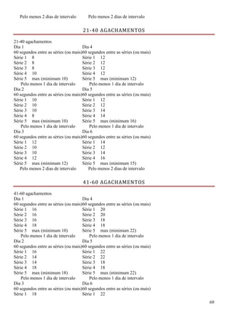 60
Pelo menos 2 dias de intervalo Pelo menos 2 dias de intervalo
21-40 AGACHAMENTOS
21-40 agachamentos
Dia 1
60 segundos entre as séries (ou mais)
Dia 4
60 segundos entre as séries (ou mais)
Série 1 8 Série 1 12
Série 2 8 Série 2 12
Série 3 8 Série 3 12
Série 4 10 Série 4 12
Série 5 max (minimum 10) Série 5 max (minimum 12)
Pelo menos 1 dia de intervalo Pelo menos 1 dia de intervalo
Dia 2
60 segundos entre as séries (ou mais)
Dia 5
60 segundos entre as séries (ou mais)
Série 1 10 Série 1 12
Série 2 10 Série 2 12
Série 3 10 Série 3 14
Série 4 8 Série 4 14
Série 5 max (minimum 10) Série 5 max (minimum 16)
Pelo menos 1 dia de intervalo Pelo menos 1 dia de intervalo
Dia 3
60 segundos entre as séries (ou mais)
Dia 6
60 segundos entre as séries (ou mais)
Série 1 12 Série 1 14
Série 2 10 Série 2 12
Série 3 10 Série 3 14
Série 4 12 Série 4 16
Série 5 max (minimum 12) Série 5 max (minimum 15)
Pelo menos 2 dias de intervalo Pelo menos 2 dias de intervalo
41-60 AGACHAMENTOS
41-60 agachamentos
Dia 1
60 segundos entre as séries (ou mais)
Dia 4
60 segundos entre as séries (ou mais)
Série 1 16 Série 1 20
Série 2 16 Série 2 20
Série 3 16 Série 3 18
Série 4 18 Série 4 18
Série 5 max (minimum 10) Série 5 max (minimum 22)
Pelo menos 1 dia de intervalo Pelo menos 1 dia de intervalo
Dia 2
60 segundos entre as séries (ou mais)
Dia 5
60 segundos entre as séries (ou mais)
Série 1 16 Série 1 22
Série 2 14 Série 2 22
Série 3 14 Série 3 18
Série 4 18 Série 4 18
Série 5 max (minimum 18) Série 5 max (minimum 22)
Pelo menos 1 dia de intervalo Pelo menos 1 dia de intervalo
Dia 3
60 segundos entre as séries (ou mais)
Dia 6
60 segundos entre as séries (ou mais)
Série 1 18 Série 1 22
 