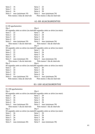61
Série 2 18 Série 2 22
Série 3 16 Série 3 20
Série 4 16 Série 4 20
Série 5 max (minimum 18) Série 5 max (minimum 24)
Pelo menos 2 dias de intervalo Pelo menos 2 dias de intervalo
61-80 AGACHAMENTOS
61-80 agachamentos
Dia 1
60 segundos entre as séries (ou mais)
Dia 4
60 segundos entre as séries (ou mais)
Série 1 22 Série 1 24
Série 2 22 Série 2 24
Série 3 22 Série 3 24
Série 4 22 Série 4 22
Série 5 max (minimum 24) Série 5 max (minimum 26)
Pelo menos 1 dia de intervalo Pelo menos 1 dia de intervalo
Dia 2
60 segundos entre as séries (ou mais)
Dia 5
60 segundos entre as séries (ou mais)
Série 1 22 Série 1 24
Série 2 22 Série 2 24
Série 3 22 Série 3 24
Série 4 24 Série 4 24
Série 5 max (minimum 24) Série 5 max (minimum 26)
Pelo menos 1 dia de intervalo Pelo menos 1 dia de intervalo
Dia 3
60 segundos entre as séries (ou mais)
Dia 6
60 segundos entre as séries (ou mais)
Série 1 22 Série 1 26
Série 2 24 Série 2 26
Série 3 24 Série 3 24
Série 4 22 Série 4 24
Série 5 max (minimum 24) Série 5 max (minimum 28)
Pelo menos 2 dias de intervalo Pelo menos 2 dias de intervalo
81-100 AGACHAMENTOS
81-100 agachamentos
Dia 1
60 segundos entre as séries (ou mais)
Dia 4
60 segundos entre as séries (ou mais)
Série 1 26 Série 1 28
Série 2 26 Série 2 28
Série 3 26 Série 3 28
Série 4 26 Série 4 28
Série 5 max (minimum 28) Série 5 max (minimum 30)
Pelo menos 1 dia de intervalo Pelo menos 1 dia de intervalo
Dia 2
60 segundos entre as séries (ou mais)
Dia 5
60 segundos entre as séries (ou mais)
Série 1 26 Série 1 28
Série 2 26 Série 2 28
Série 3 26 Série 3 30
Série 4 28 Série 4 30
Série 5 max (minimum 28) Série 5 max (minimum 30)
 